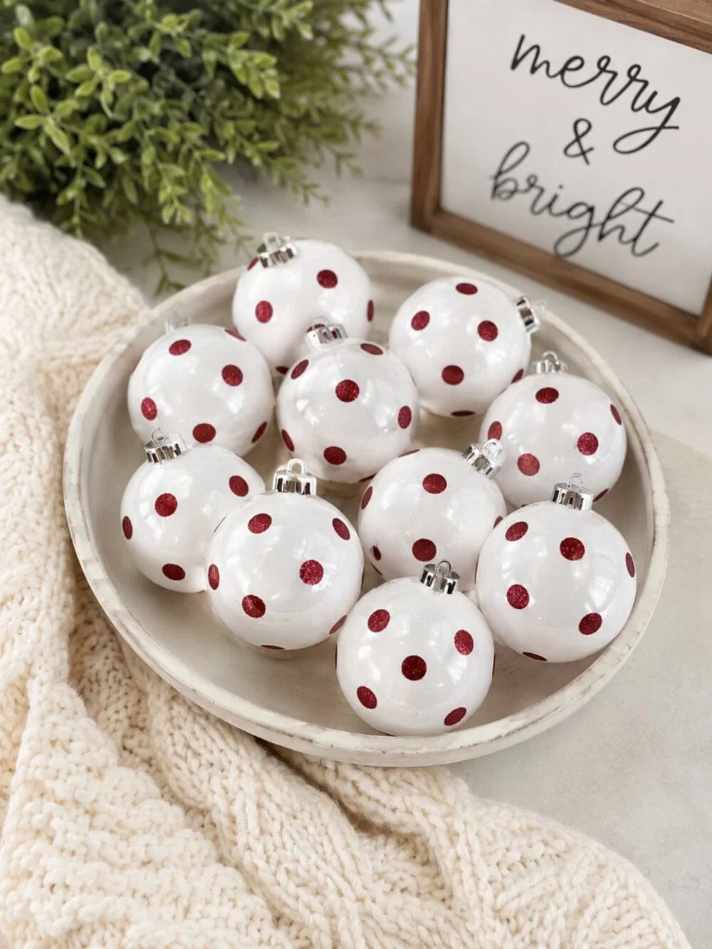 White and Red Polka Dot Christmas Ornaments - Holiday Ball Set